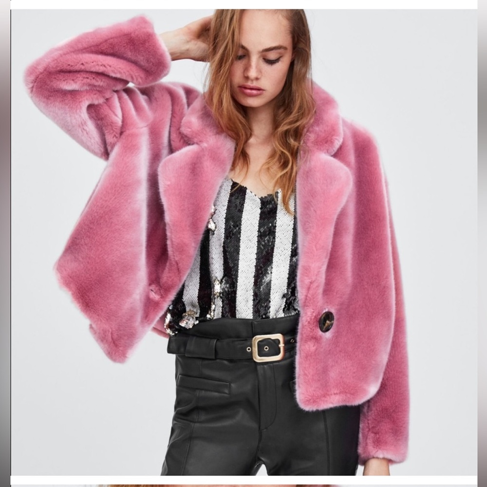 Zara Pink Teddy Faux Fur Jacket & Coat